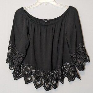 WOMEN'S "Ambiance" Short Black Crepe Peasant Top w Black Lace; Size S